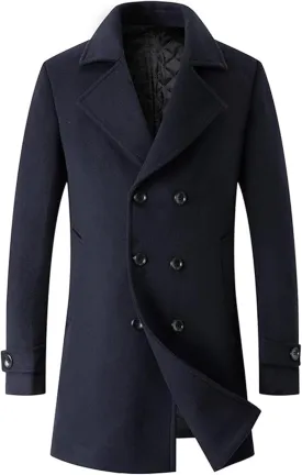 Sexyshine Mens Woolen Blend Trench Coat Pea Coat Double Breasted Notched Lapel Regular Fit Winter Business Overcoat