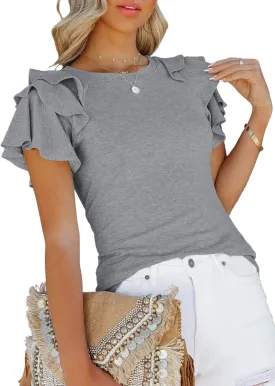 SHEWIN Womens Summer Tops Ruffle Short Sleeve T Shirts Casual Slim Fit
