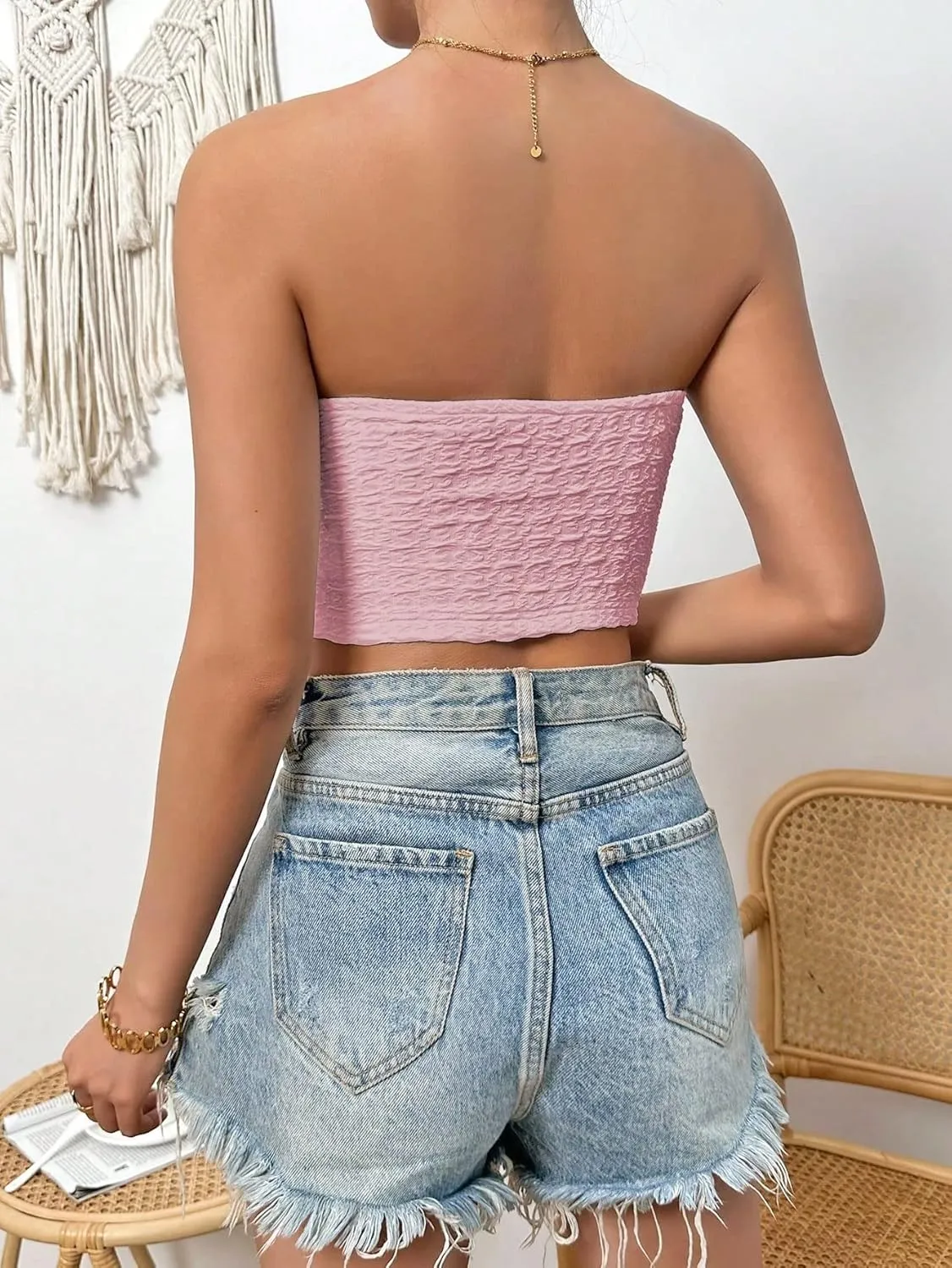 SweatyRocks Women's Casual Sleeveless Smocked Bandeau Top Strapless Slim Fit Crop Tube Tops