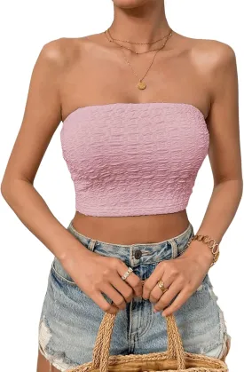 SweatyRocks Women's Casual Sleeveless Smocked Bandeau Top Strapless Slim Fit Crop Tube Tops