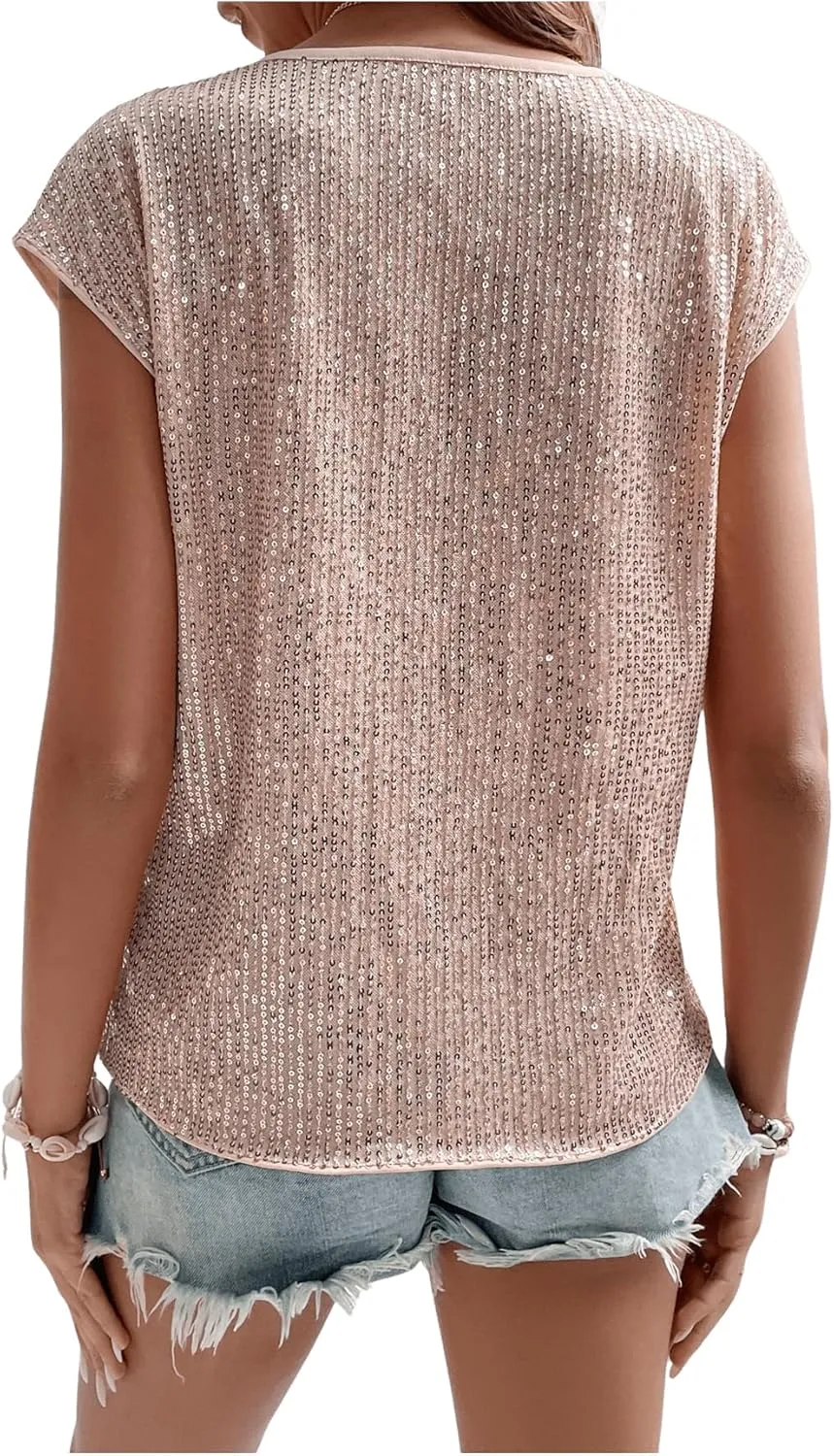 SweatyRocks Women's Round Neck Glitter Sequins Shirts Top Casual Cap Sleeve Party Tee Tops
