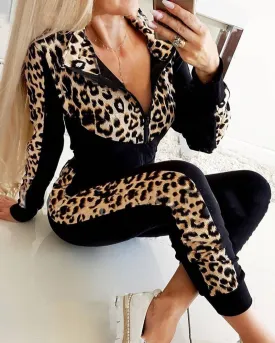 Trendy Leopard Long Sleeve Top And High Waist Jeggings Set
