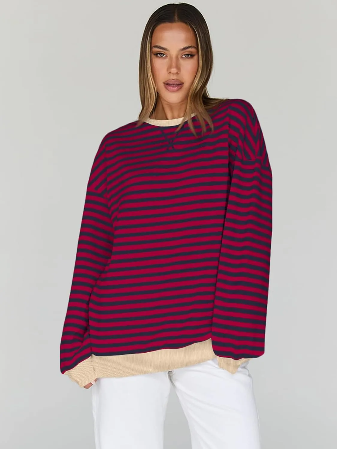 Trendy Queen Oversized Sweatshirt for Women 2025 Summer Crewneck Striped Long Sleeve Shirts Hoodies Cute Top Y2K Outfits