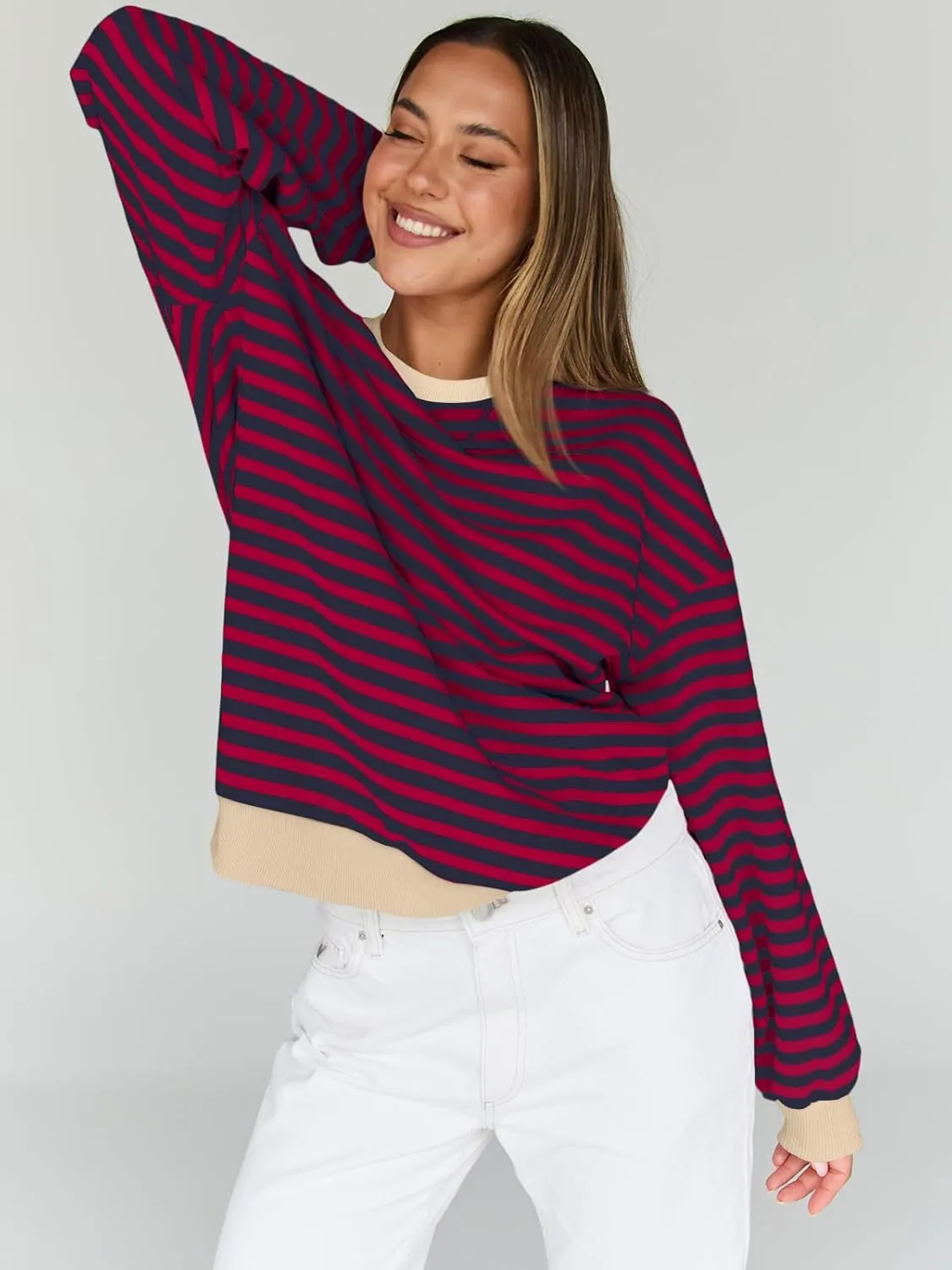 Trendy Queen Oversized Sweatshirt for Women 2025 Summer Crewneck Striped Long Sleeve Shirts Hoodies Cute Top Y2K Outfits