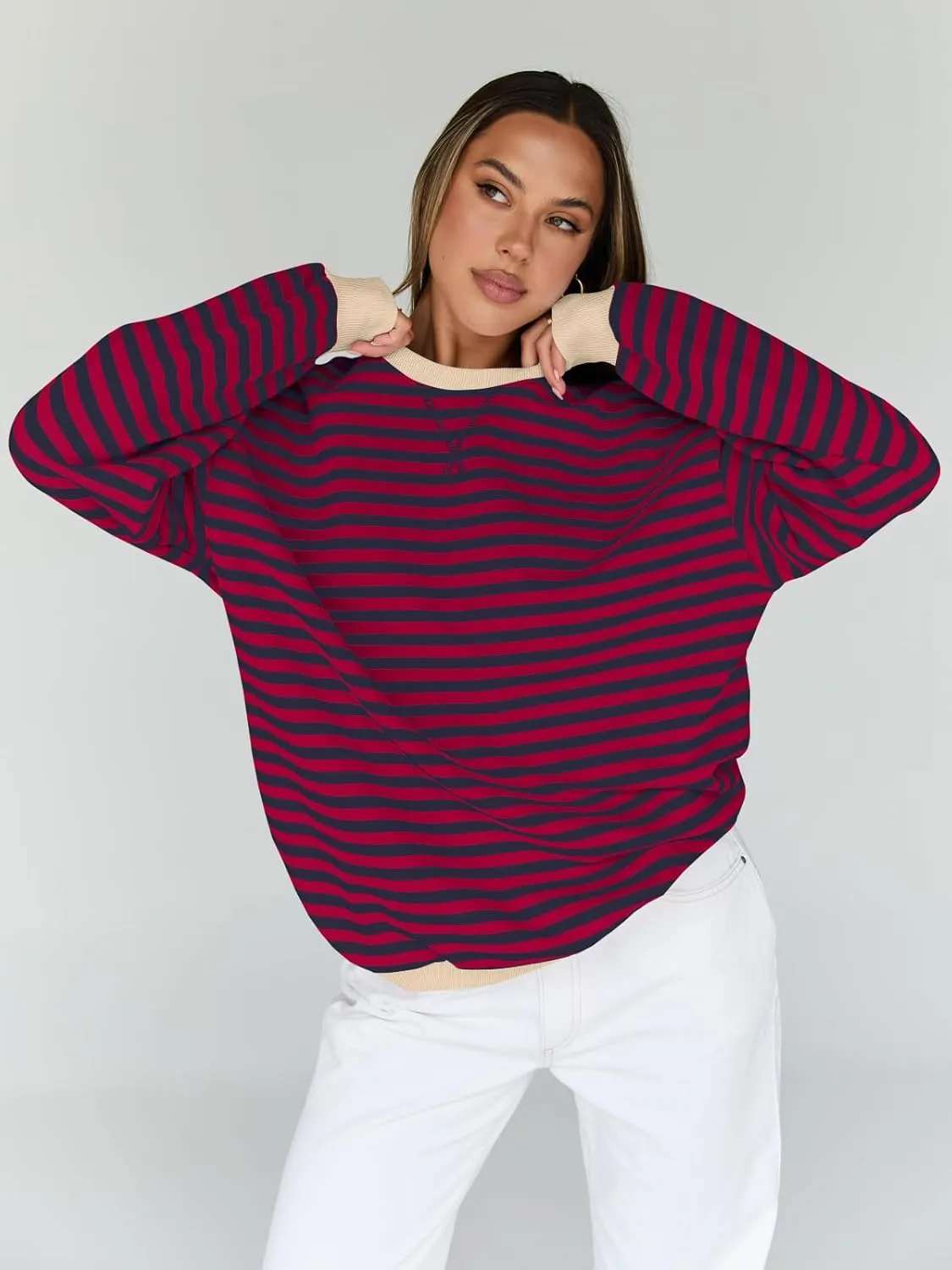 Trendy Queen Oversized Sweatshirt for Women 2025 Summer Crewneck Striped Long Sleeve Shirts Hoodies Cute Top Y2K Outfits