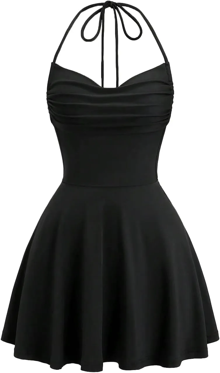 Verdusa Women's Drape Neck Halter Dress Ruffle Ruched Tie Back A Line Mini Dresses