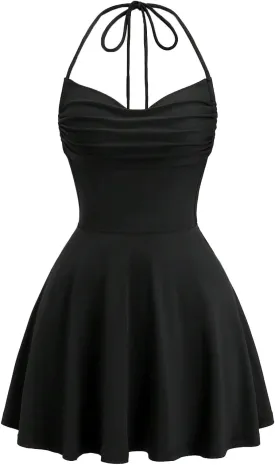 Verdusa Women's Drape Neck Halter Dress Ruffle Ruched Tie Back A Line Mini Dresses