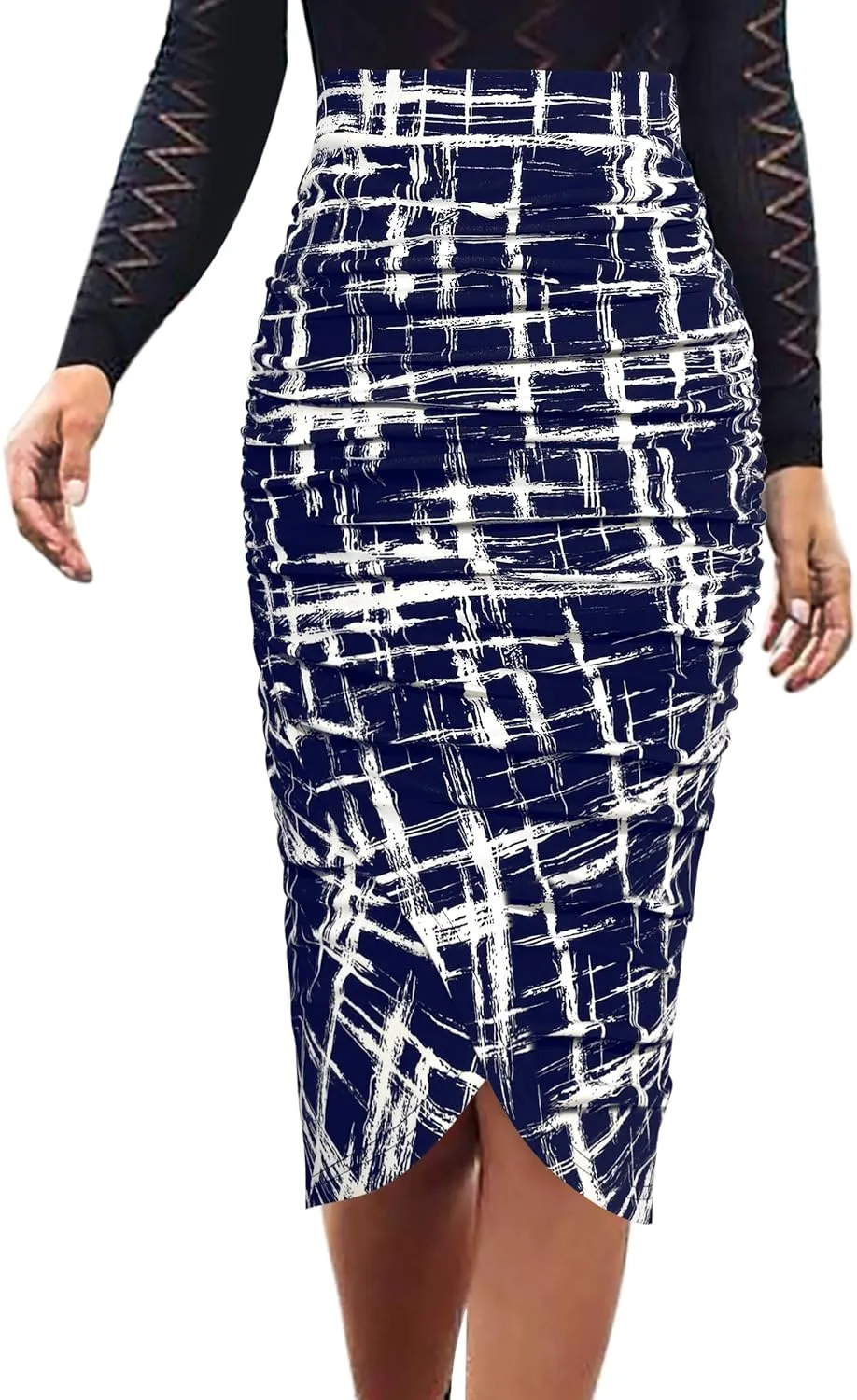 VFSHOW Womens Ruched Ruffle High Waist Asymmetric Wrap Casual Wok Office Party Slim Fitted Bodycon Pencil Midi Mid-Calf Skirt
