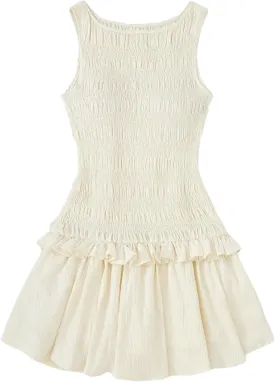 WDIRARA Women's Shirred Ruffle Hem Sleeveless Mini Dress A Line Tank Dress