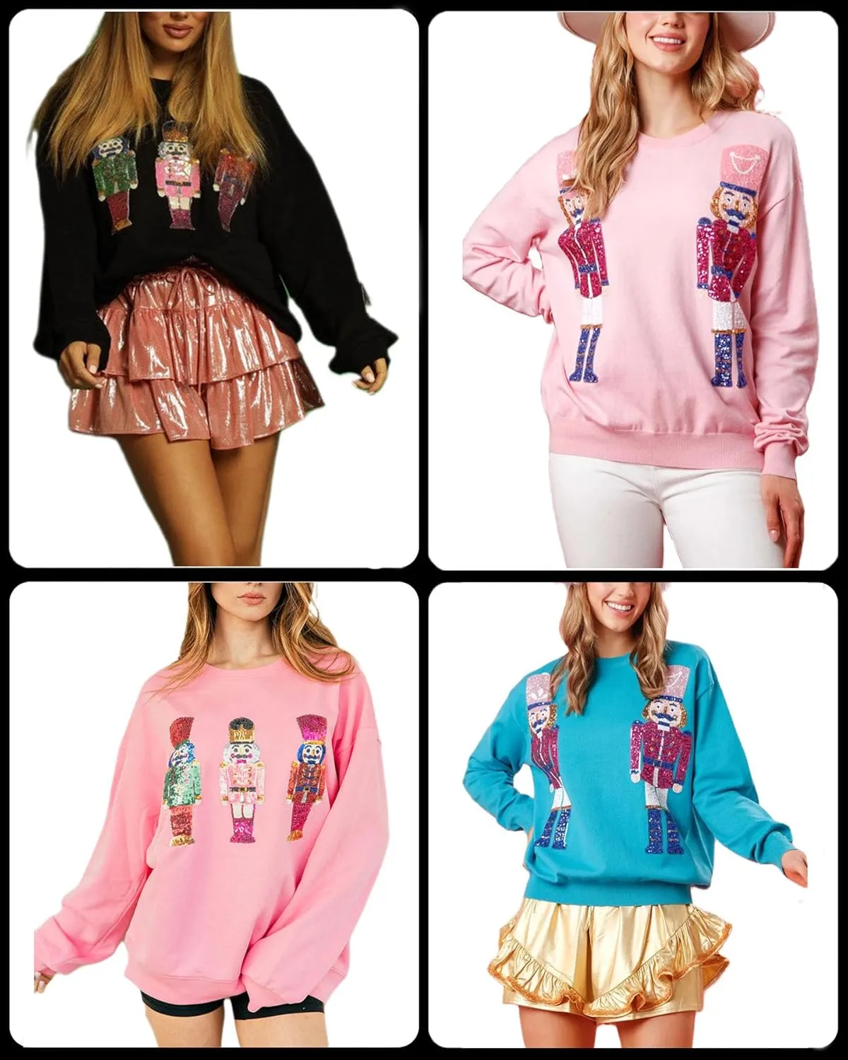 Women Cute Glitter Holiday Letter Sweaters Sparkle Sequin Long Sleeve Tops Casual Round Neck Pullover Sweatshirts