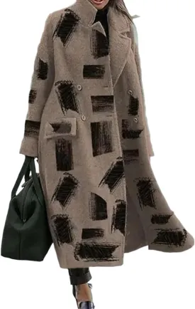 Women Notched Lapel Neck Button Down Geometric Faux Wool Blend Maxi Trench Coat Double Breasted Long Pea Coat