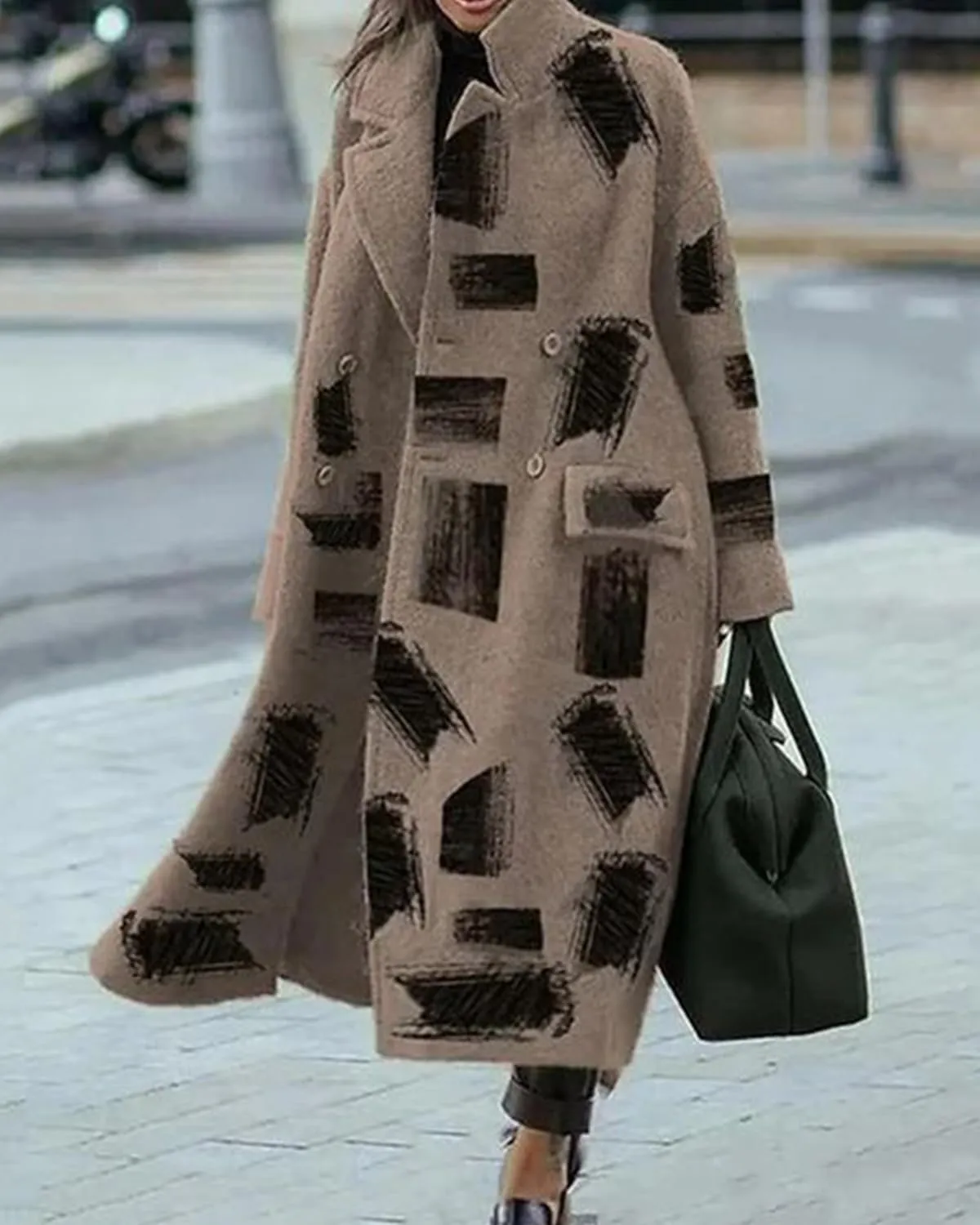 Women Notched Lapel Neck Button Down Geometric Faux Wool Blend Maxi Trench Coat Double Breasted Long Pea Coat