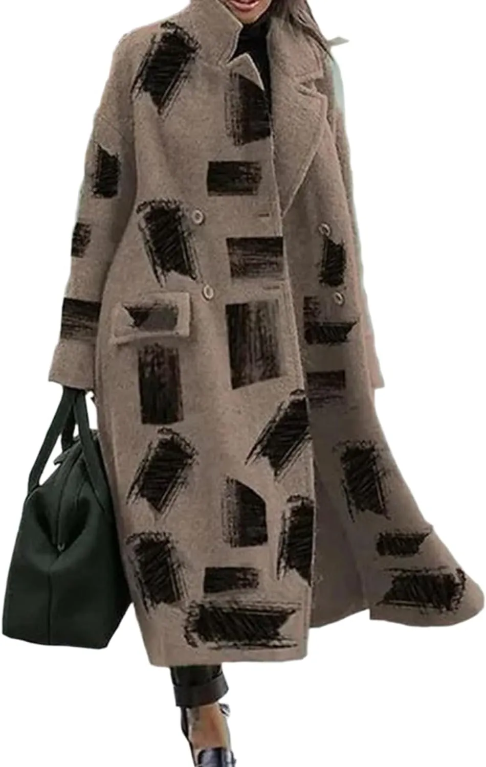 Women Notched Lapel Neck Button Down Geometric Faux Wool Blend Maxi Trench Coat Double Breasted Long Pea Coat