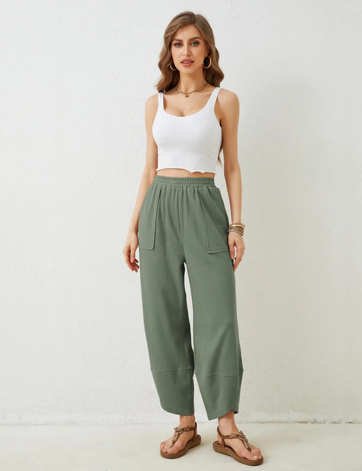 Womens Harem Pants Summer Casual 2025 Elastic Waist Palazzo Baggy Pants Wide Leg Sweatpants with Pockets