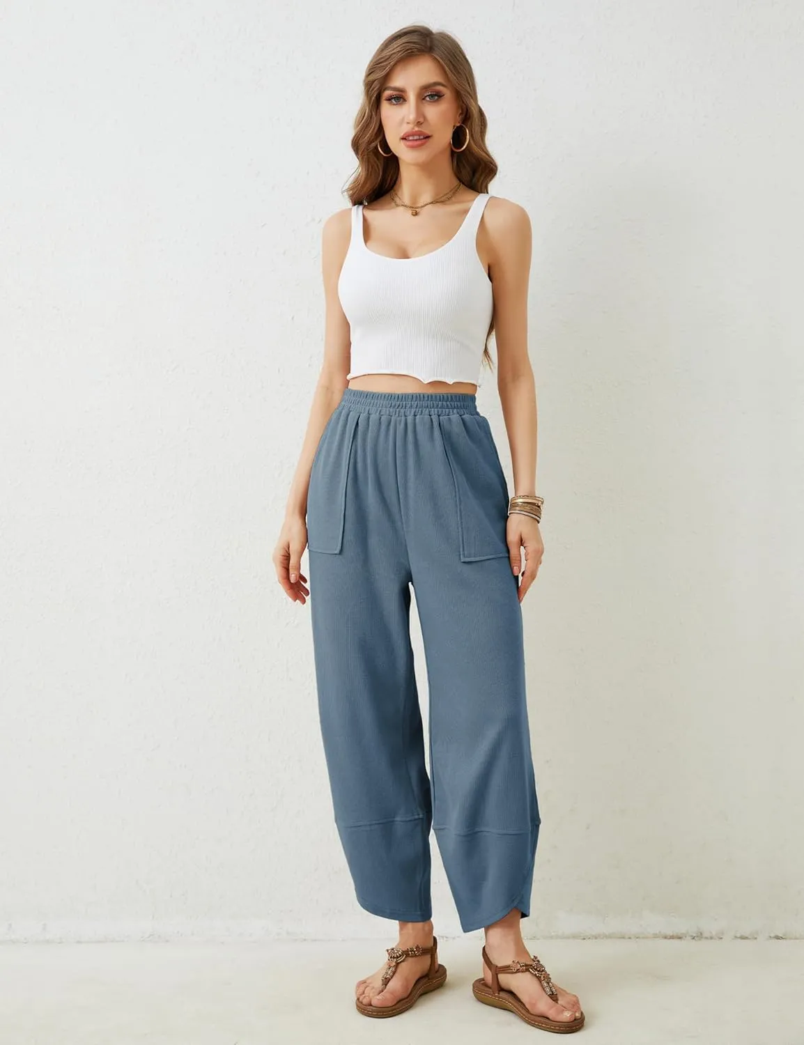 Womens Harem Pants Summer Casual 2025 Elastic Waist Palazzo Baggy Pants Wide Leg Sweatpants with Pockets