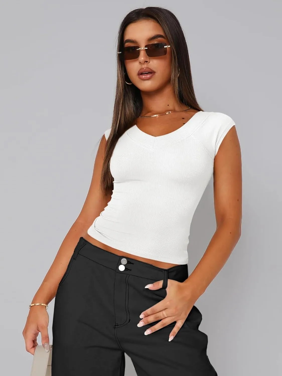 Womens Short Sleeve Ribbed Slim Fit Basic V Neck T Shirts Tops