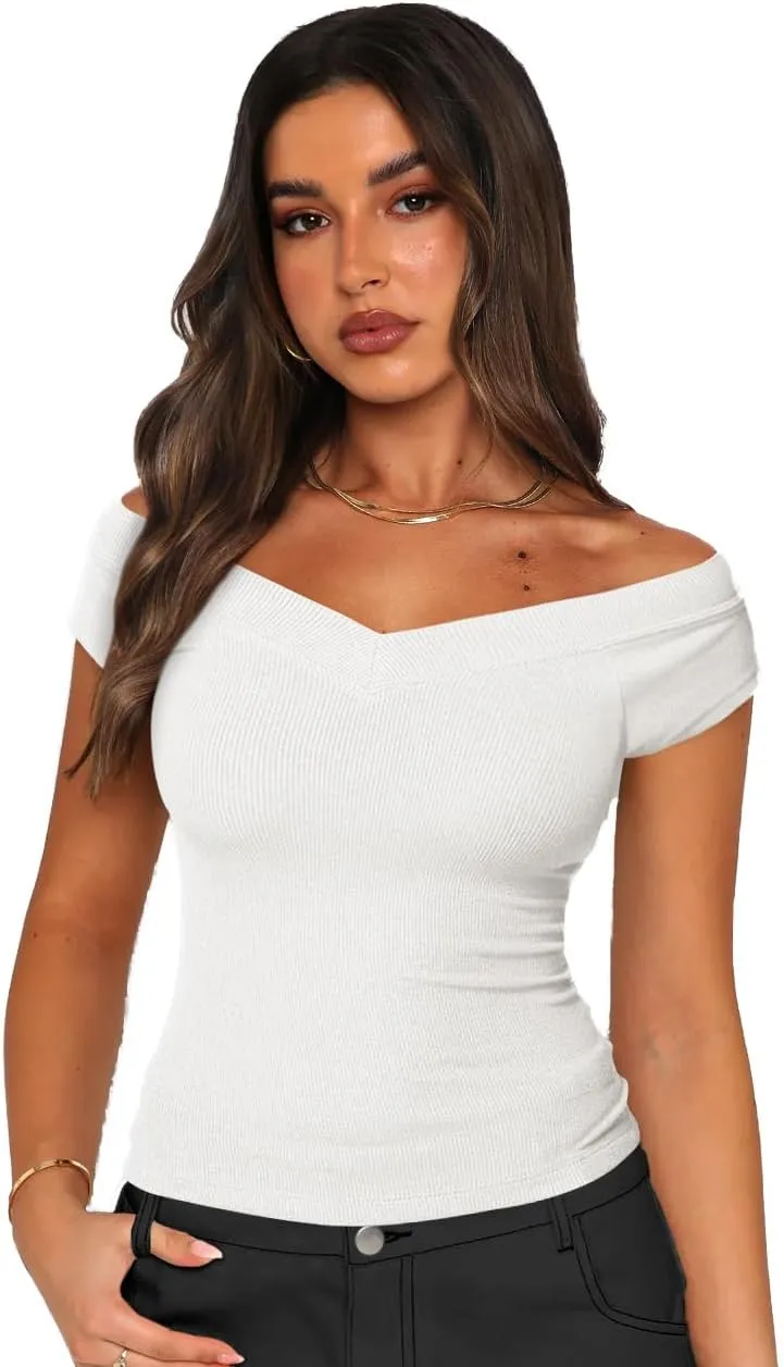 Womens Short Sleeve Ribbed Slim Fit Basic V Neck T Shirts Tops