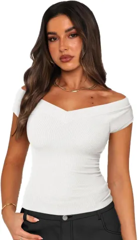 Womens Short Sleeve Ribbed Slim Fit Basic V Neck T Shirts Tops