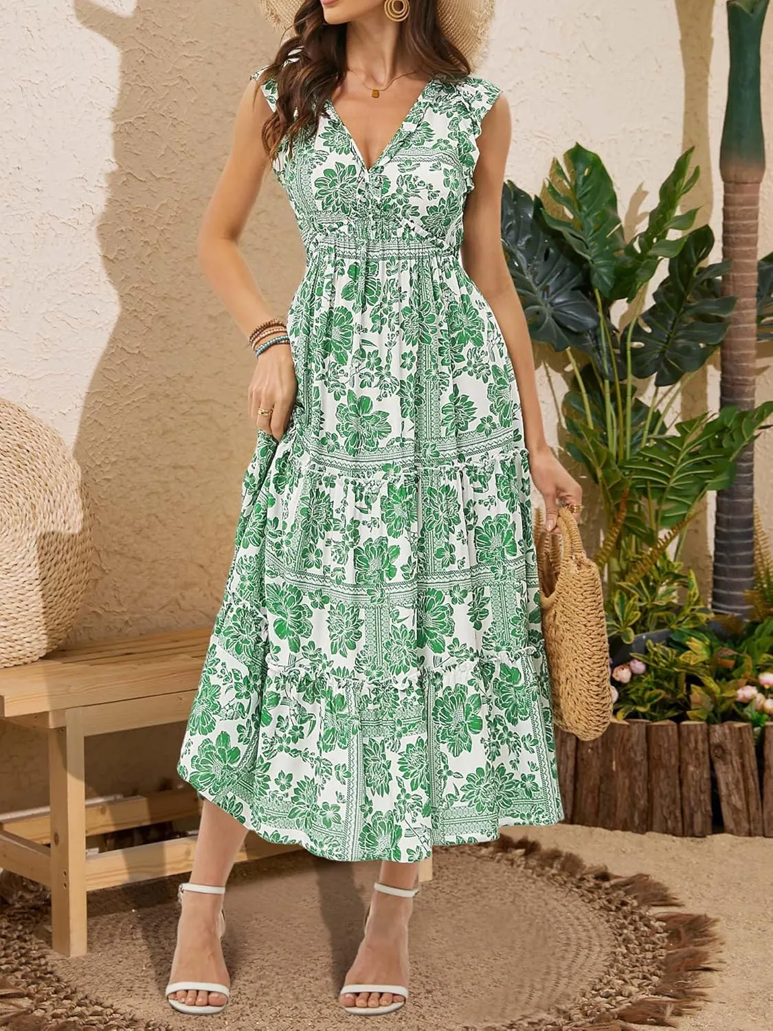 Women's Summer Dresses A Line Ruffle Cap Sleeves Midi Boho Beach Vacation Dress with Pockets