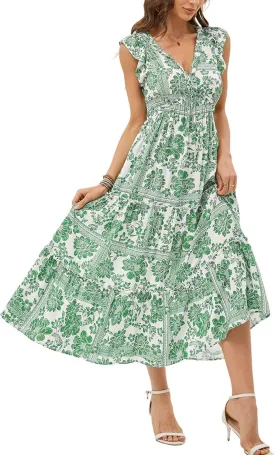 Women's Summer Dresses A Line Ruffle Cap Sleeves Midi Boho Beach Vacation Dress with Pockets