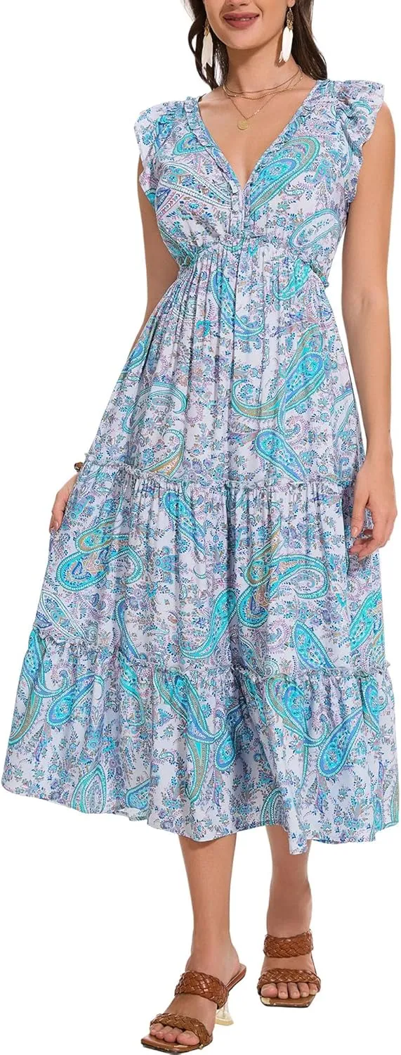 Women's Summer Dresses A Line Ruffle Cap Sleeves Midi Boho Beach Vacation Dress with Pockets