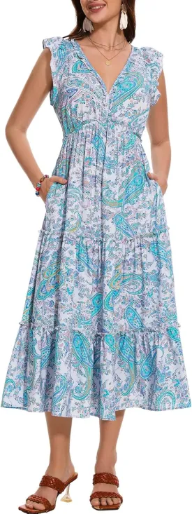 Women's Summer Dresses A Line Ruffle Cap Sleeves Midi Boho Beach Vacation Dress with Pockets