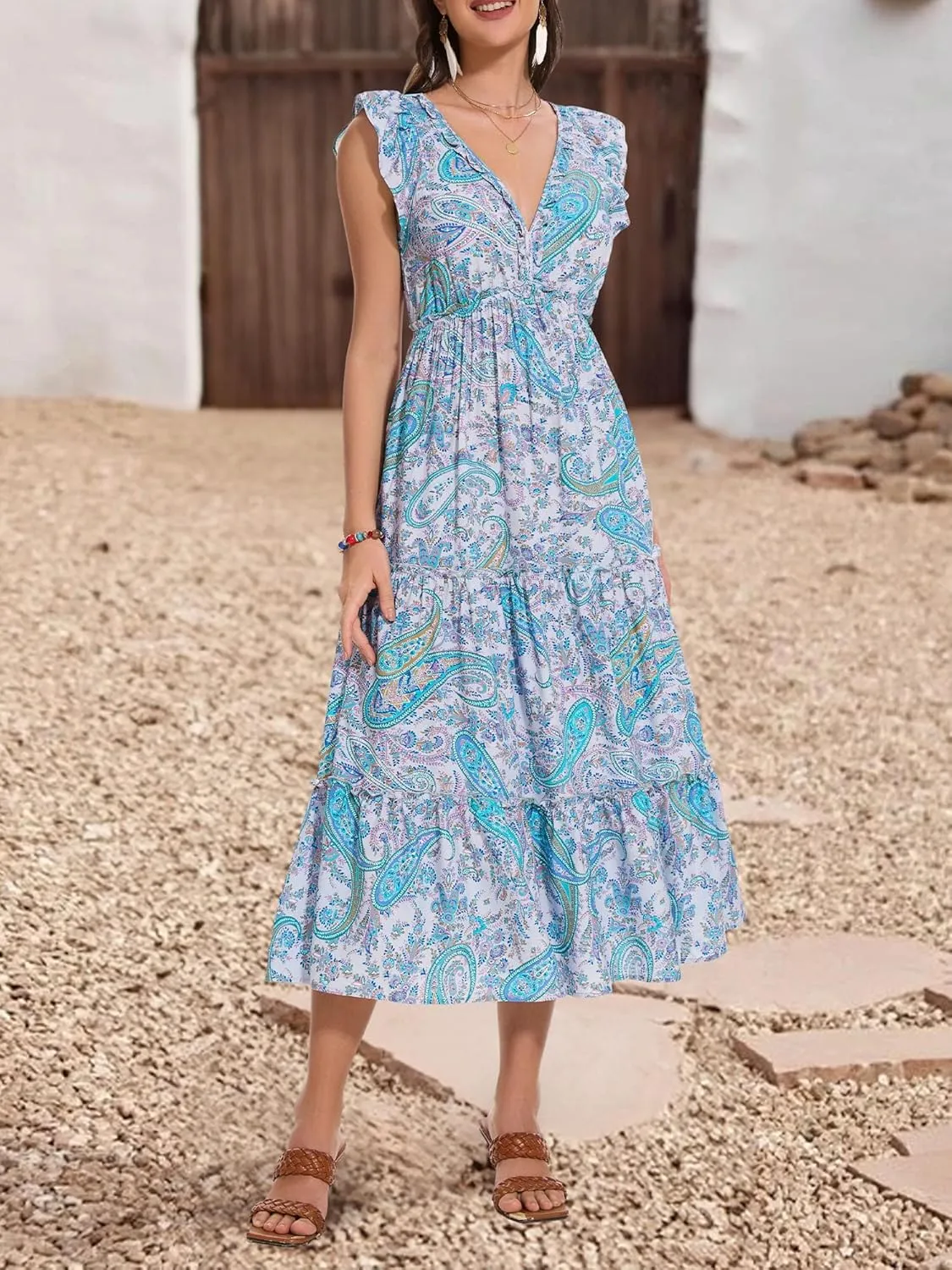 Women's Summer Dresses A Line Ruffle Cap Sleeves Midi Boho Beach Vacation Dress with Pockets