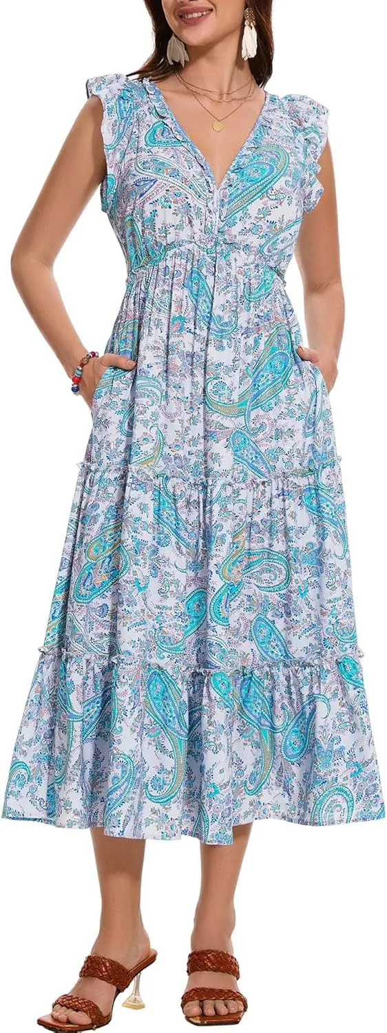 Women's Summer Dresses A Line Ruffle Cap Sleeves Midi Boho Beach Vacation Dress with Pockets