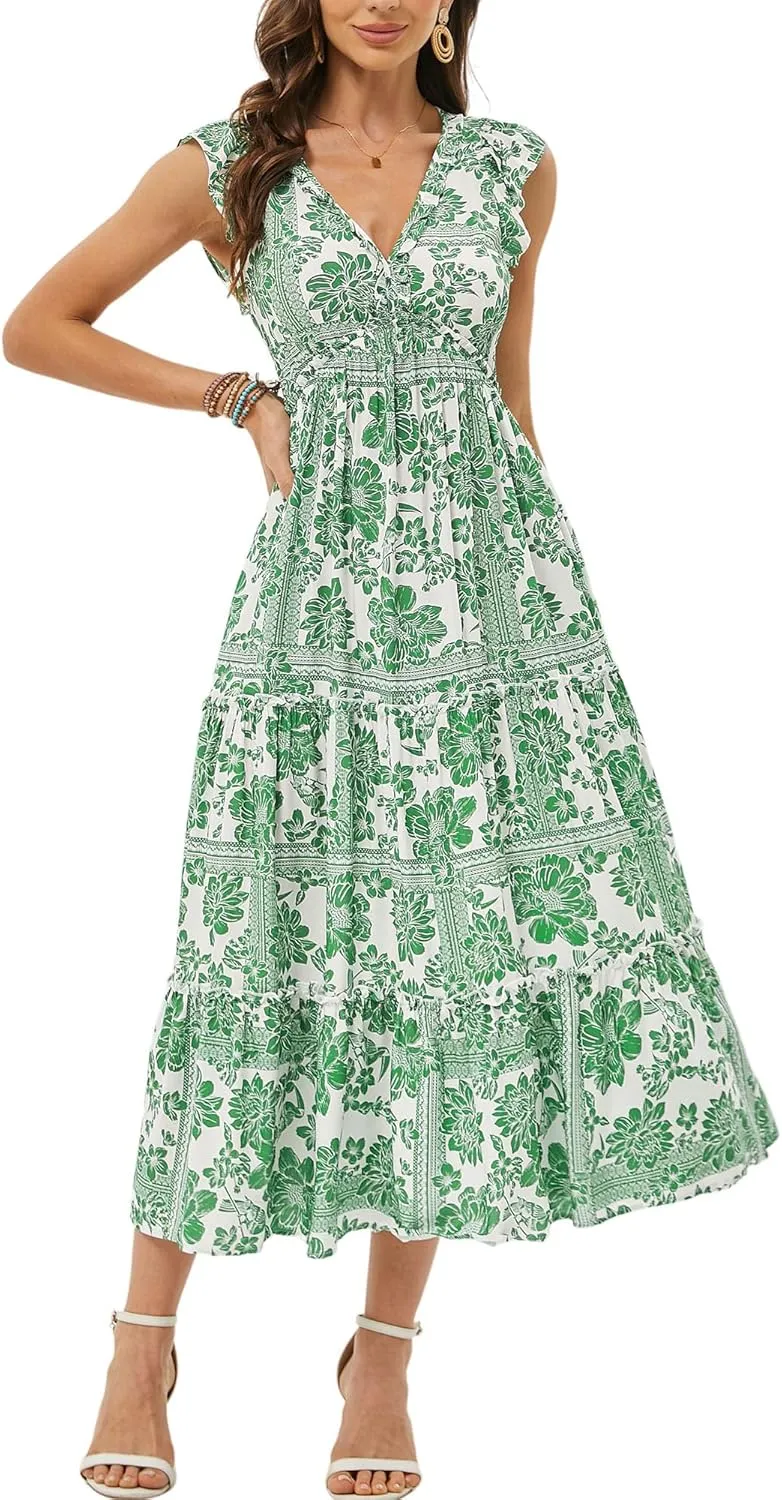 Women's Summer Dresses A Line Ruffle Cap Sleeves Midi Boho Beach Vacation Dress with Pockets
