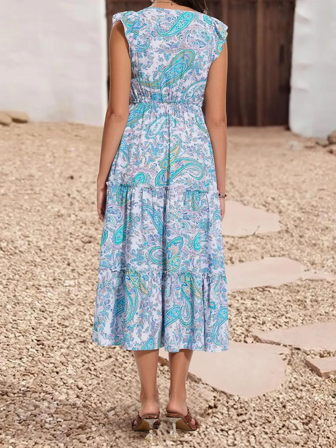 Women's Summer Dresses A Line Ruffle Cap Sleeves Midi Boho Beach Vacation Dress with Pockets