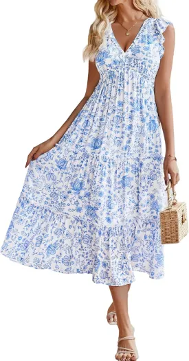 Women's Summer Dresses A Line Ruffle Cap Sleeves Midi Boho Beach Vacation Dress with Pockets