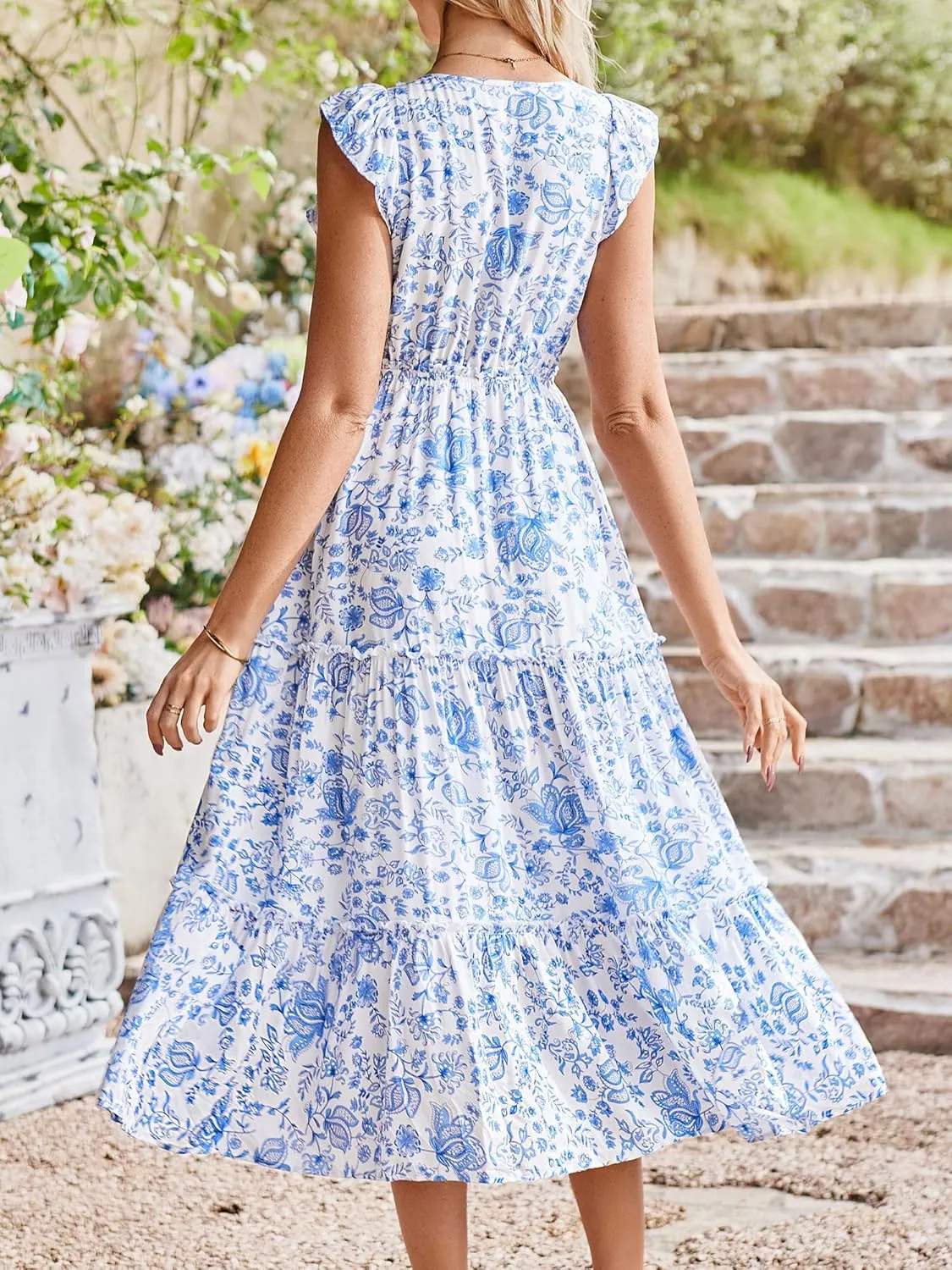Women's Summer Dresses A Line Ruffle Cap Sleeves Midi Boho Beach Vacation Dress with Pockets