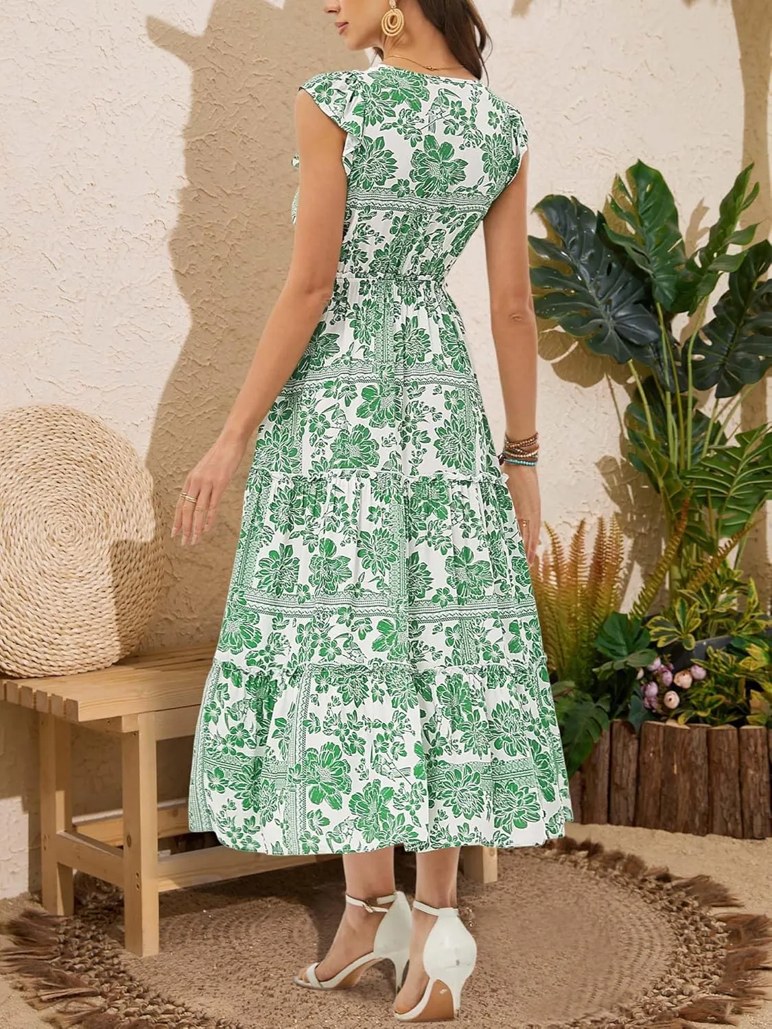 Women's Summer Dresses A Line Ruffle Cap Sleeves Midi Boho Beach Vacation Dress with Pockets