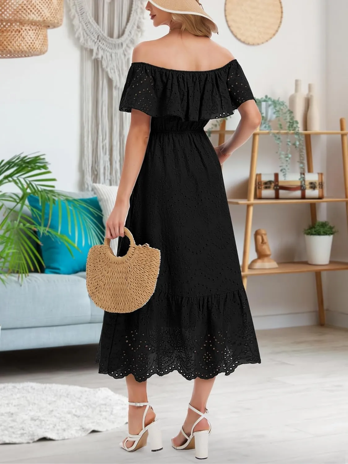 Women's Summer Midi Dress High Waist Off Shoulder Ruffle Short Sleeve Hollow Out A Line Casual Long Dress 2025