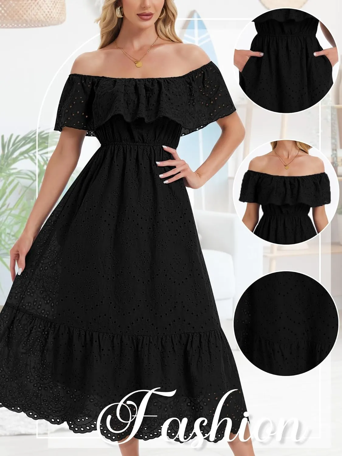Women's Summer Midi Dress High Waist Off Shoulder Ruffle Short Sleeve Hollow Out A Line Casual Long Dress 2025