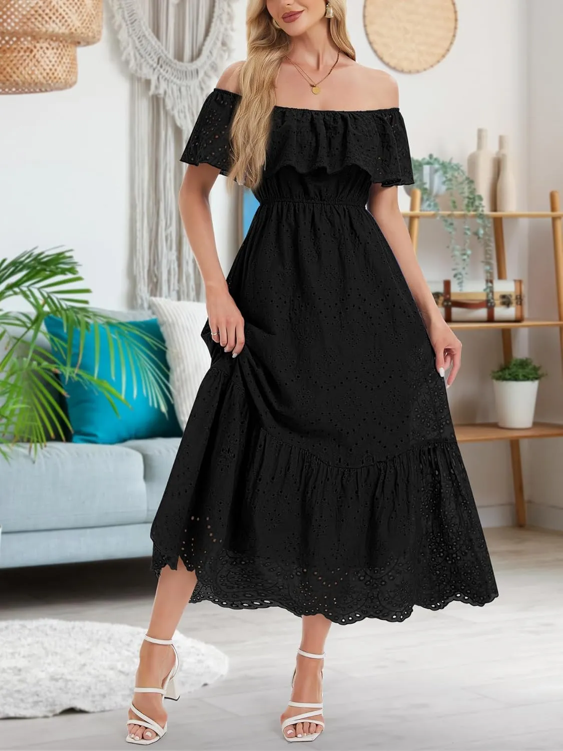Women's Summer Midi Dress High Waist Off Shoulder Ruffle Short Sleeve Hollow Out A Line Casual Long Dress 2025