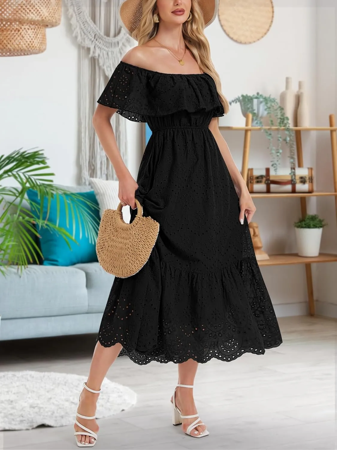 Women's Summer Midi Dress High Waist Off Shoulder Ruffle Short Sleeve Hollow Out A Line Casual Long Dress 2025