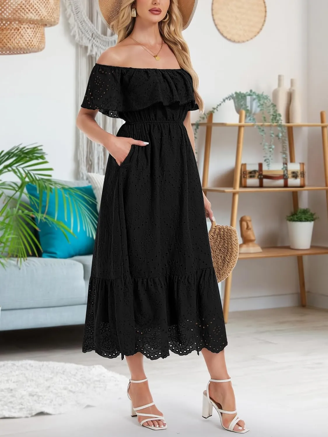 Women's Summer Midi Dress High Waist Off Shoulder Ruffle Short Sleeve Hollow Out A Line Casual Long Dress 2025