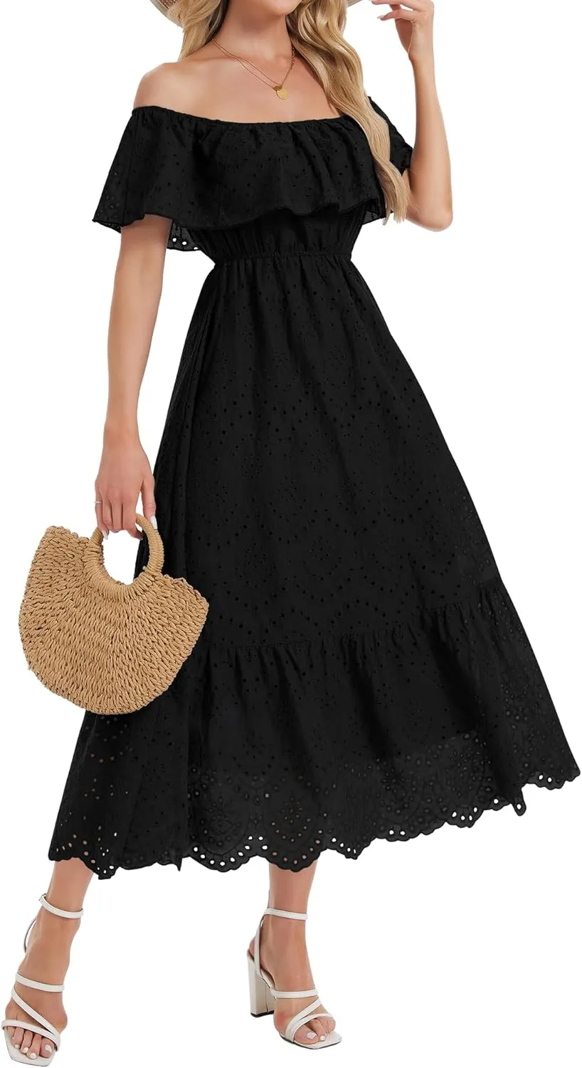 Women's Summer Midi Dress High Waist Off Shoulder Ruffle Short Sleeve Hollow Out A Line Casual Long Dress 2025