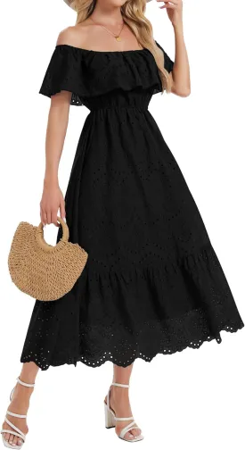 Women's Summer Midi Dress High Waist Off Shoulder Ruffle Short Sleeve Hollow Out A Line Casual Long Dress 2025