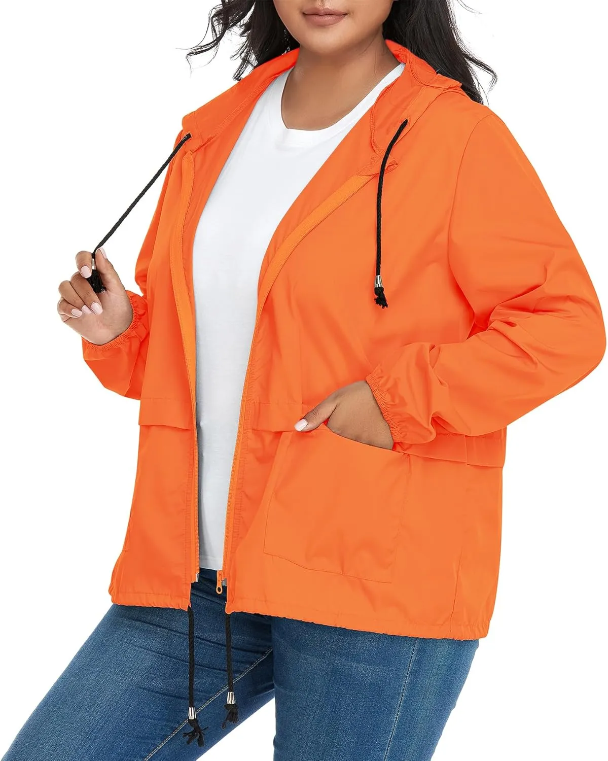 Zando Plus Size Rain Jacket Womens Waterproof with Hood Windbreaker Travel Rain Coat for Women Lightweight Packable Raincoat