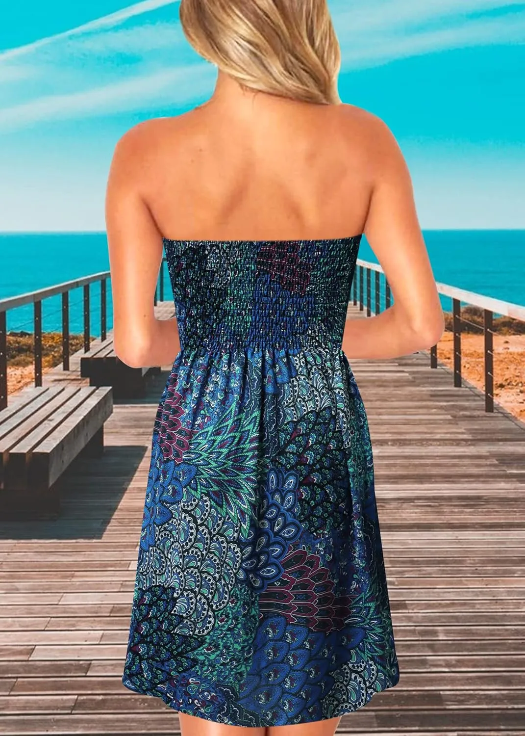 Zyyfly Strapless Dress for Women Summer Beach Boho Smocked Tube Top Dress