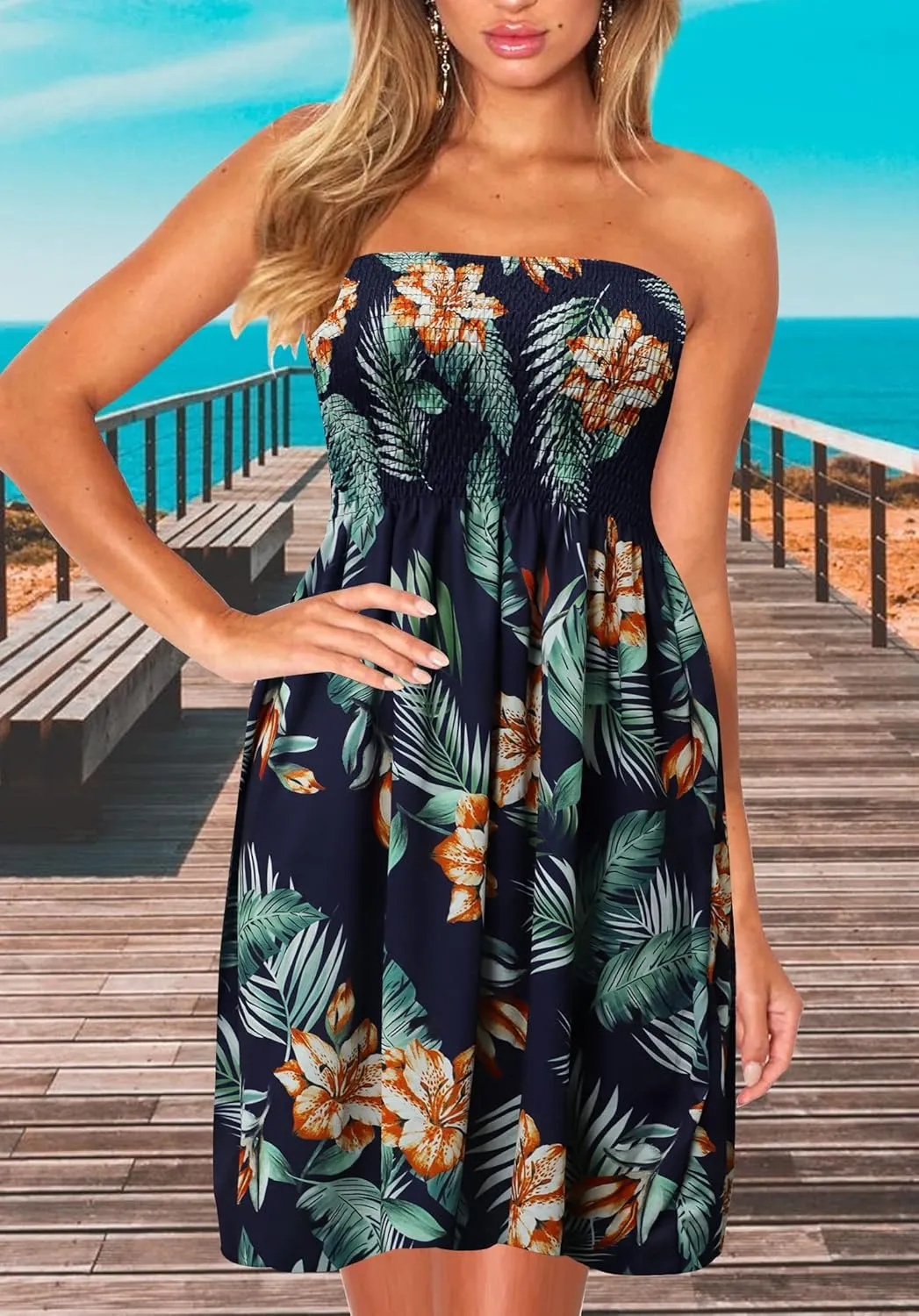 Zyyfly Strapless Dress for Women Summer Beach Boho Smocked Tube Top Dress