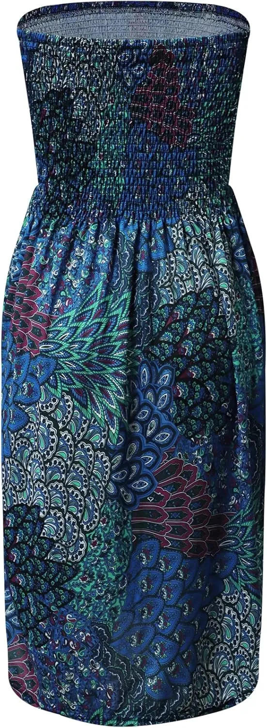 Zyyfly Strapless Dress for Women Summer Beach Boho Smocked Tube Top Dress