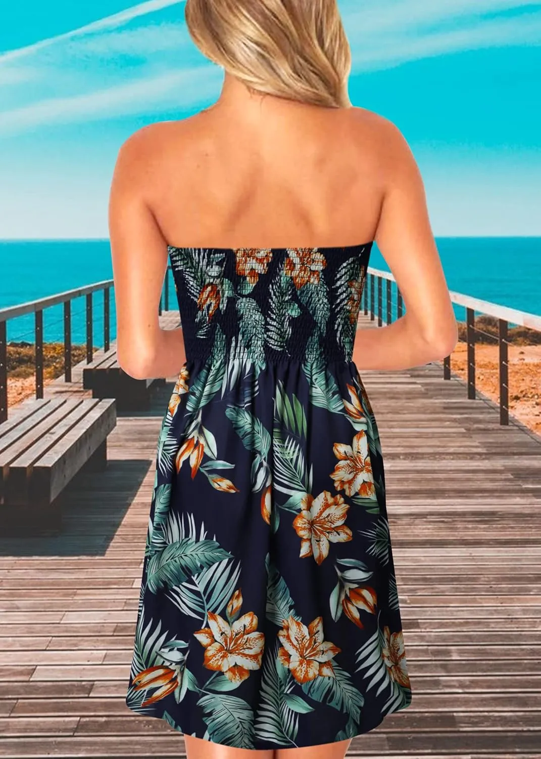 Zyyfly Strapless Dress for Women Summer Beach Boho Smocked Tube Top Dress